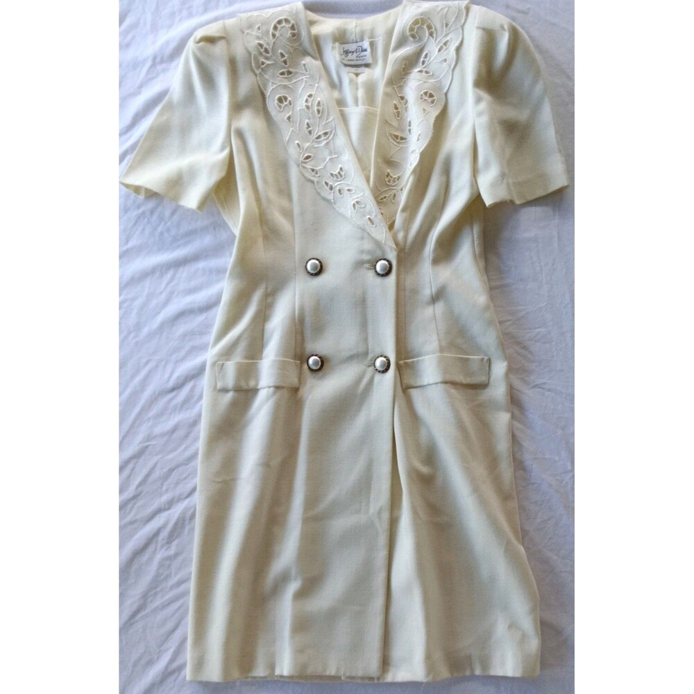 Vintage 80s Knit Dress Lace Collar Jeffrey Dara Linda Hutley Ivory Shoulder Pads